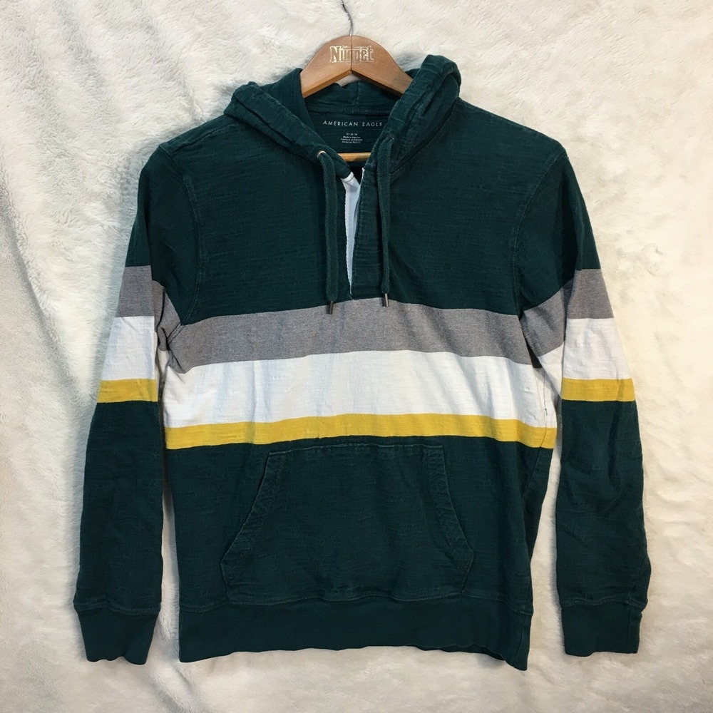 American Eagle Shirt Men's Small Green Striped Hood Long Sleeve